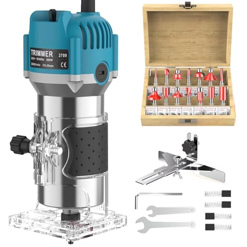 Holzfräse Oberfräse Professionell, 800 W, 30000 U/min, Handpalmenfräser Mit 15 Stück1/4 Fräsen Cuter Mit Spannzange 6.35MM, Kantenfräse aus Aluminium zum Fasen, Nuten, Schneiden, Bohren