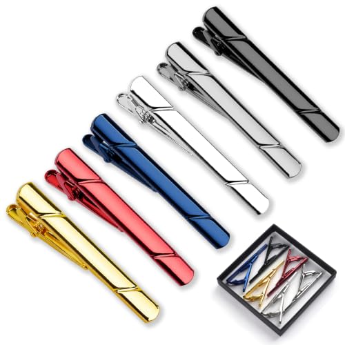 Image of MOWPOG 6 Pcs Tie Clips for Men, Tie Bar Pins Tacks with Gift Box | Copper, Shiny & Glossy, for Father, Husband, Boyfriend, Business, Wedding, Suit Accessories, Easy to Open, Won't Fade /Scratch
