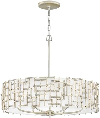 Fredrick Ramond Farrah Medium Drum Chandelier - Glam, 6-Light, White Linen Shade, Hand-Hammered Details - Silver Leaf Finish