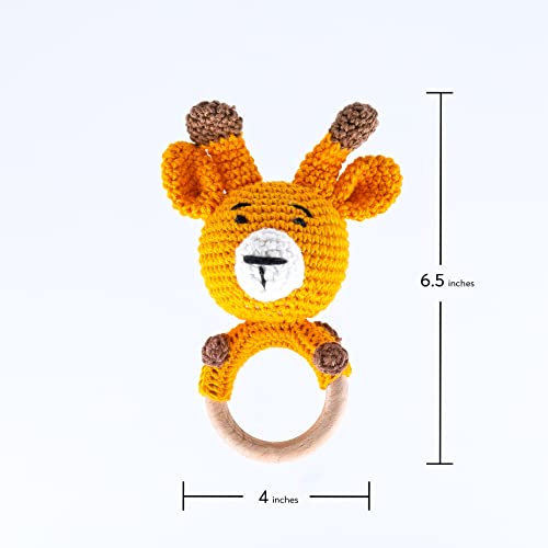 Image of Crochet Rattle Toy (0+ Years) | Shaker Toy | Explore Soothing Sounds & Textures | Smooth Organic Wooden Key | Soft Toy for Newborn, Infants and Toddlers (Spotty: Giraffe Wooden Rattle)