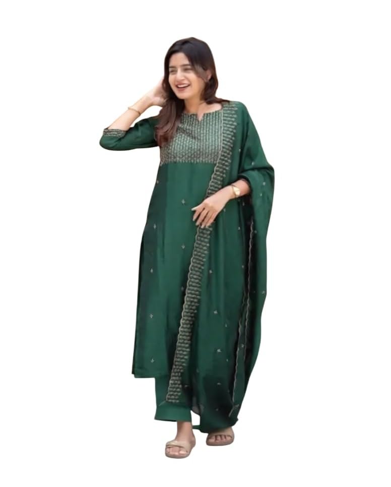 Women’s Vertical Cotton Hand Embroidered Straight Kurta Pant with Dupatta Set | V Neck Ethnic Casual Kurti Set For Any Occasion-picture-26