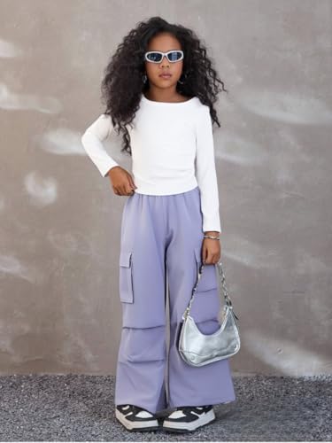 Image of Azmxynol Girls Clothes 2 Piece Outfit Ribbed T-Shirt Top + Cargo Pants, Girls Fall Clothing Set, Sizes 5-16 Years