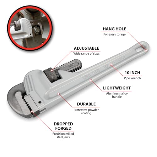 Image of Performance Tool W2110 10 in. Aluminum Pipe Wrench | Precision milled drop forged steel jaws. Strong, lightweight aluminum handle. Plumbing tool