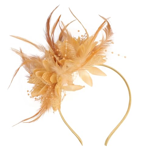 YSDINK Women's Fashion Fascinator Headband with Feather,Mesh and Flowers,Ladies Headdress Makeup Accessories for Weddings, Parties, Garden Tea, Birthday Party, Daily Wear (Golden)