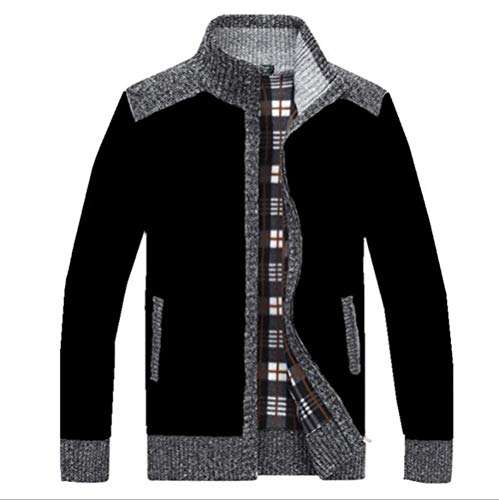 Men's Casual Slim Fit Cardigan Sweaters Full Zip Knitted Sweaters Outwear with Interior Plaid Pattern (Black,L)