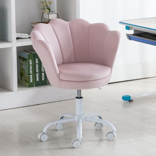 COMULER Pink Kids Desk Chair, Cute Velvet Adjustable Children Desk Chair Rolling Study Armchair Upholstered Computer Chair Shell Back 360° Swivel Vanity Chair for Teen Boys Girls Bedroom Study