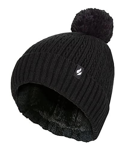 HEAT HOLDERS - Ladies Cable Knit Turnover Pom Pom Hat One Size Black