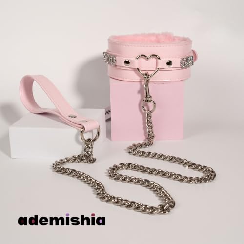 Pink Furry Heart O-ring Leather Choker and 38" Aluminum Chain Leash Set by ADEMISHIA - Used condition - Image 5