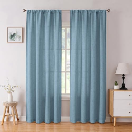 Tollpiz Linen Curtains Living Room Rod Pocket Semi Sheer Curtain Burlap Light Filtering Thick Linen Drapes for Bedroom, 54 x 95 inches Long, Dusty Blue, Set of 2 Panels