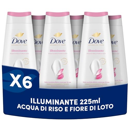 Dove Bagnoschiuma Illuminante, Bagnodoccia Idratante, Formula Delicata sul Microbioma della Pelle, con Agenti Idratanti Vegetali, Senza Solfati SLES, Bagnodoccia Uomo e Donna, 6 Pezzi da 225 ml