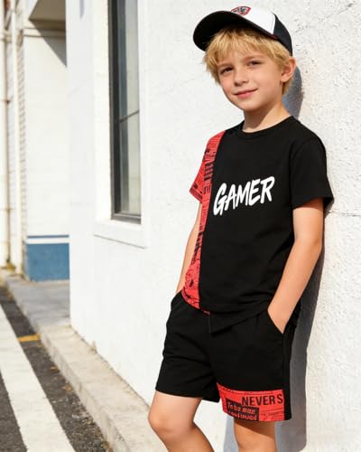 Image of OLMRJKD Boys 2 Piece Outfits Short Sleeve Colorblock T-shirt and Shorts Summer Casual Clothes for 6-12 Years