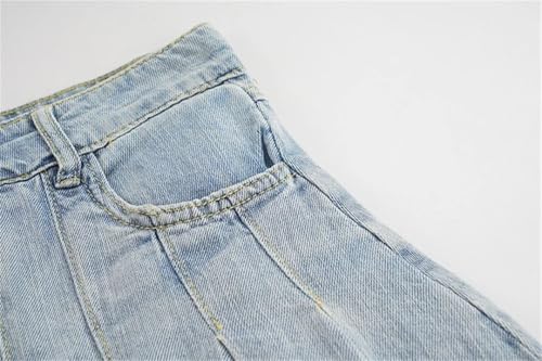 Women’S Vintage Fashion Denim Mini Skirt High Waist Slimming Versatile Button Lotus Leaf Pleated Skirts Washed Blue XXL4