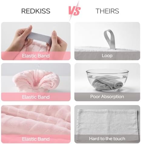 REDKISS 2 Pack Microfiber Hair Towel Wrap for Women, Super Absorbent Quick Dry Hair Turban for Thick Long Curly Hair, Large Stay-Put Anti-Frizz Hair Drying Towels, Pink Blue Gray - 4