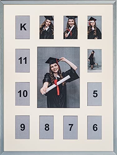 WOOD SIDE ORBIS School Years Aluminum Metal Collage Picture Frame - Displays One 5x7 Photo and Twelve 2.5x3.5 Openings, K-12 Keepsake Silver