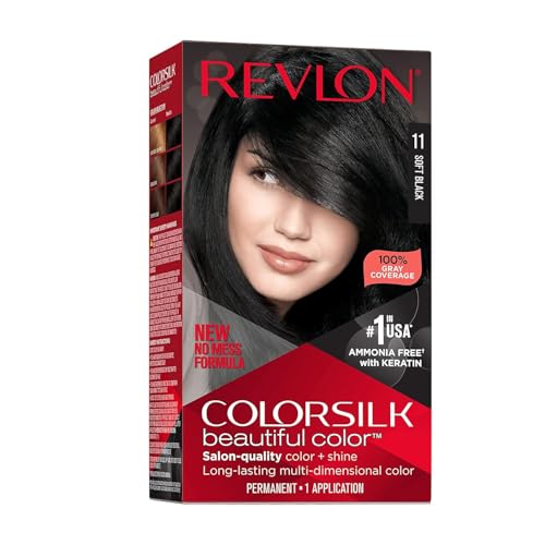 Revlon Colorsilk Beautiful Color Permanent Hair Color, Long-Lasting High-Definition Color, Shine & Silky Softness with 100% Gray Coverage, Ammonia Free, 011 Soft Black, 1 Pack