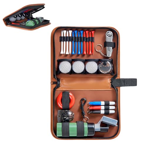 Golf Accessories Kit for Beginners, Faux Leather Golfs Set Tool Carrying Bag Multifunction Bag Balls Long-Tees Marker Knife Counter Cleaning Brush Golfer's Accessory Classic Brown