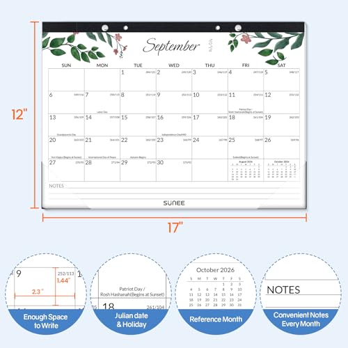 Image of SUNEE Desk Calendar 2026-2027 17 inch x 12 inch, 18 Month Calendar Jul. 2026 - Dec. 2027, Calendar 2026-2027 With Notes, for Planning, Organizing in Family, School or Office - Greenery