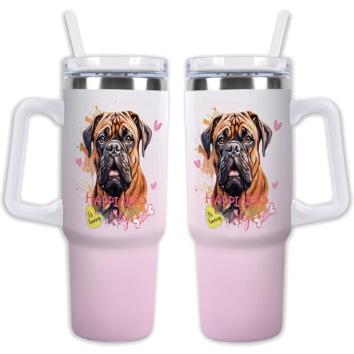GABSHAIM Custom 40oz Gradient Pink Insulated Tumbler with Straw Lid, Smiling Bull Terrier Dog Pattern Travel Mug, Happiness Is Having A Dog Double-Sided Design, Leak-Proof, for Women