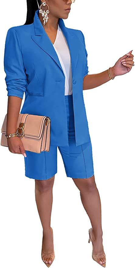 Women's 2024 Two Piece Outfits Casual Solid Color Open Front Blazer Shorts Set One Button Up Jacket and Bermuda Short Suits