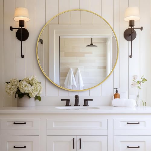 Image of DUMOS Gold Circle Mirror for Wall 30.02 inch, Bathroom Round Wall Mirror for Over Sink, Bathroom, Entryway, Bedroom, Vanity, Shatterproof& Crystal-Clear