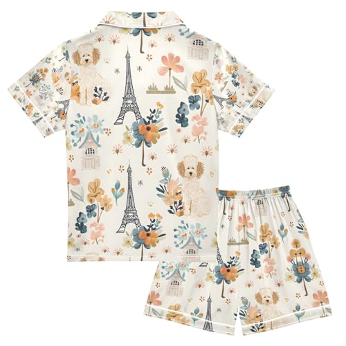 senya Eiffel Tower Cute Dogs Satin Summer Pajama Sets Silk Short Sleeve Button Down Sleepwear2