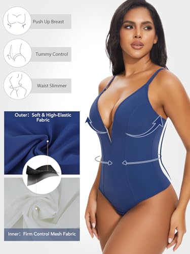 Image of SHAPERIN Bodysuit for Women Shapewear Tummy Control Deep V Neck Plunge Sleeveless Backless Thong Body Suit Tank Top