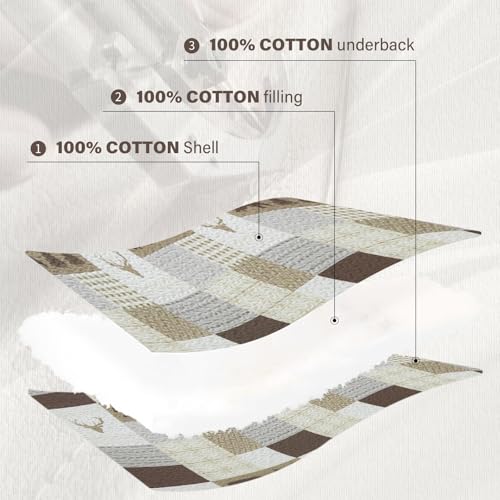 Quilta Patchwork 100% Cotton Quilt Set King Size - Animal Pattern Plaid Bedspread, Patchwork Lightweight Comforter, Soft Home Decor Coverlet Bedding Set 3pcs for All Seasons, Begie/Brown — view 5