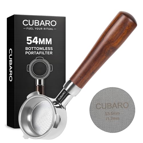 54mm Bottomless Portafilter with Reinforced Walnut Handle and Puck Screen | Fits Breville Barista Express, Pro, Touch, Bambino Plus | Naked Espresso Portafilter with 18g Basket & Puck Screen