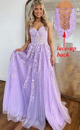 YOFF V Neck Tulle Prom Dresses Long Sparkly Lace Evening Gown with Slit Spaghetti Straps Formal Party Dress YO0352