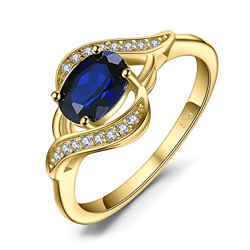 JewelryPalace Ovale Bague Solitaire Saphi Bleu Synthetique en Sterling Argent 925 Pour Femme, Plaqué Or Jaune Bagues Pierre Femme Zircone Cubique, Ensemble Parure de Bijoux Cadeau d'Anniversaire