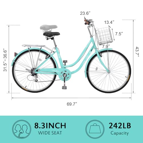 26″ Beach Cruiser Bike, Commuter Bicycle, 7 Speed/Linear