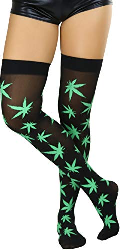 Image of ToBeInStyle Women's Thigh High Stockings Bodystocking Tights Medicinal Cannabis Marijuana Weed Leaf Print Festival Hosiery