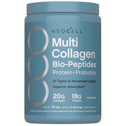 NeoCell Multi Collagen Bio-Peptides Powder | 10oz | Advanced with Hyaluronic Acid and Vitamin C | 10 Super Types of Collagen | Superior Absorption | Grassfed Protein Supplement