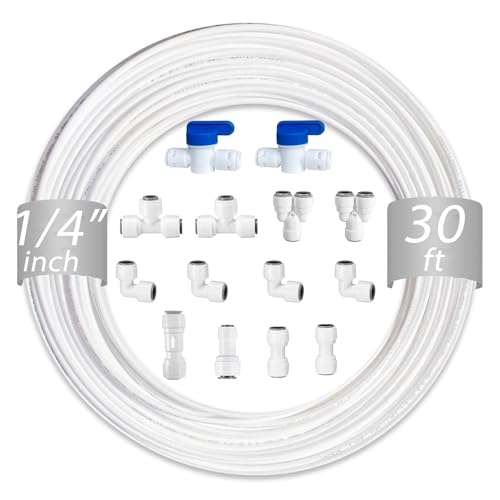 TSnsfCerti NSF 1/4 inch Water Line Tubing and Push to Connect Fittings for Reverse Osmosis Water Filter RO fittings 14 pcs connetors+30 feet 1/4 O.D. (6.4mm) water tubing.