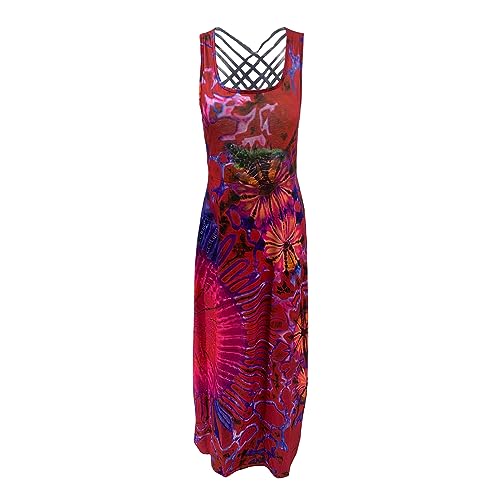 Image of Women Sexy Backless Maxi Dress Y2k Tie-Dye Print U-Neck Sleeveless Fashion Cross Backless Party Dress