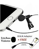 Lavalier Lapel Microphone Clip-on Omni Condenser mic for Smartphones, Apple Iphone, Ipad, Ipod Touch, Samsung - BONUS DSLR Cable Adapter for video Cameras,Computers Windows and Audio Recorders