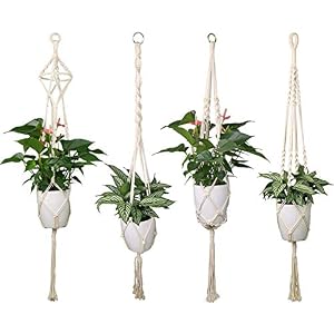 Luxbon Set van 4 Macramé Plantenhanger Hangende Bloempot met Katoenen Touw Plantenhouder – voor Binnen en Buiten Plafond…