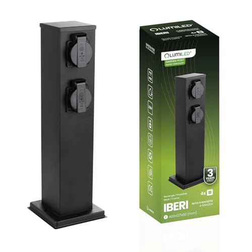 LUMILED Garten Steckdosensäule für außen, 4 Fach 230V Doppelsteckdose schwarz eckig 40cm IP65 4X Steckdosen Edelstahl Steckdose Gartensteckdose Outdoor Steckdosenturm Steckdosenverteiler
