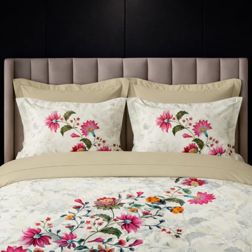 Image of LANE LINEN 100% Cotton Printed King Size Bedsheet - Pink Flowers | OEKO-Tex Certified, 250TC, Fits King & Double Bed, Floral Print, Breathable & Wrinkle-Free, Includes 2 Pillow Covers