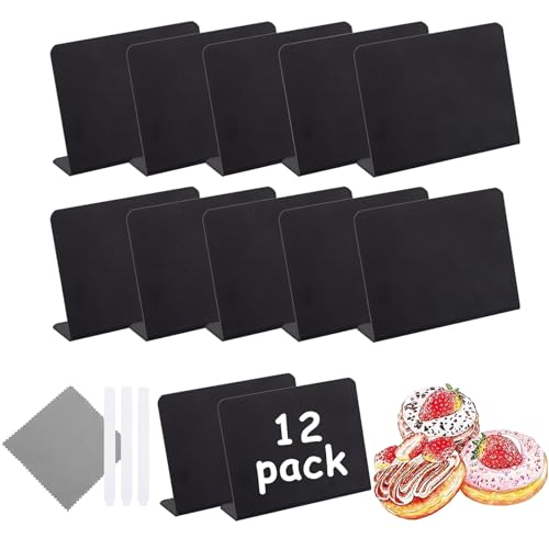 Mini Tableau Noir 12 Pièces Plastique Mini Tableau à Craie avec 3 Marqueurs et 1 Chiffon de Nettoyage Mini Ardoise pour Buffet Mariage Fête