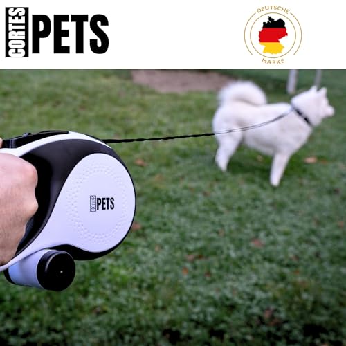 CORTES PETS Rollleine Hundeleine für mittlere und große Hunde 5m - bis 50kg - Ausziehbar mit Bremsknopf - Ausziehleine mit Kotbeutelhalter Ink 15 Beutel - EIN-klick-Befestigung - Flexi ble Leine Hund