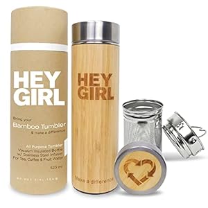 Hey Girl Bamboo Tea Infuser Bottle with Tea Strainer – Insulated Stainless Steel Water Bottle for Loose Leaf Tea & Coffee – Tea Tumbler with Diffuser – Loose Tea Bottle or Thermos Travel Mug – 18 oz