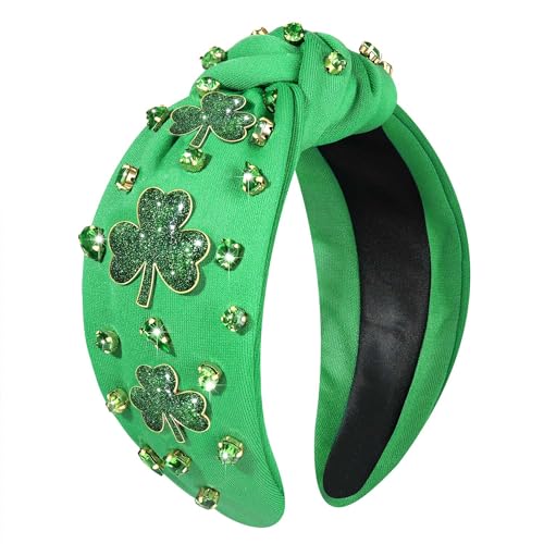HZEYN St Patricks Headband Green Shamrock Hairband Jeweled Crystal Embellished Knotted Hair Hoop Irish Costume Headwear Hair Accessories