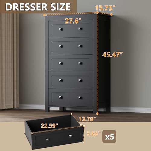 Image of BORNOON Tall 5-Drawer Dresser, Modern Wooden Storage Chest of Drawers, Dresser TV Stand, Wood Drawer Organizer with Metal Handles for Bedroom, Living Room, Hallway