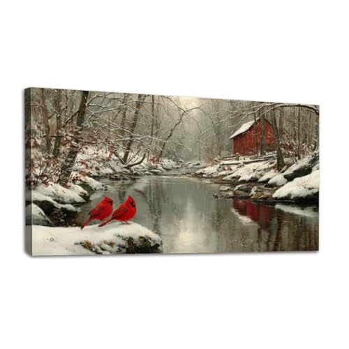 20"x 40" Canvas Wall Art Red Barn Winter Snow Scene