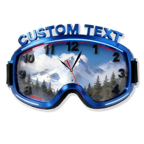 Reloj de pared personalizado con temática de gafas de esquí y nombre Reloj con gafas de nieve, decoración de pared acrílica en 2D para el hogar y regalos de cumpleaños para los amantes del esquí