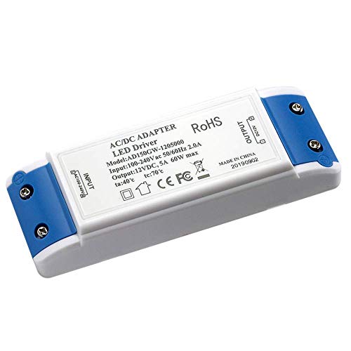 LED Transformer 60W LED Power Supply Driver Transformer Adapter 12V DC 5A for LED Strip Lights, Cabinet Lights, LED Display and G4, MR11, MR16 LED Light Bulbs (LED Driver)