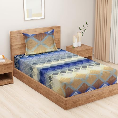 Image of Swayam Roto Cotton Single Bedsheet with 1 Pillow Covers | 144 TC Soft Breathable Bed Sheet | Geometric Printed | Size 60 x 90 inch | Comfortable & Durable for Bedroom - Blue