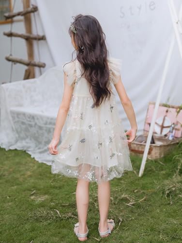 New 5-15Years Girls Beige Tulle Dress Embroidered Floral Sparkle Flutter Sleeve Cotton Lined Party4