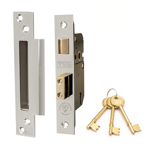 TSS High Security 5 Lever British Standard Mortice Sashlock with 3 Keys and Fixings, 3 (81mm) Polished Chrome, Insurance Approved for External Doors, British Standard BS3621:2007